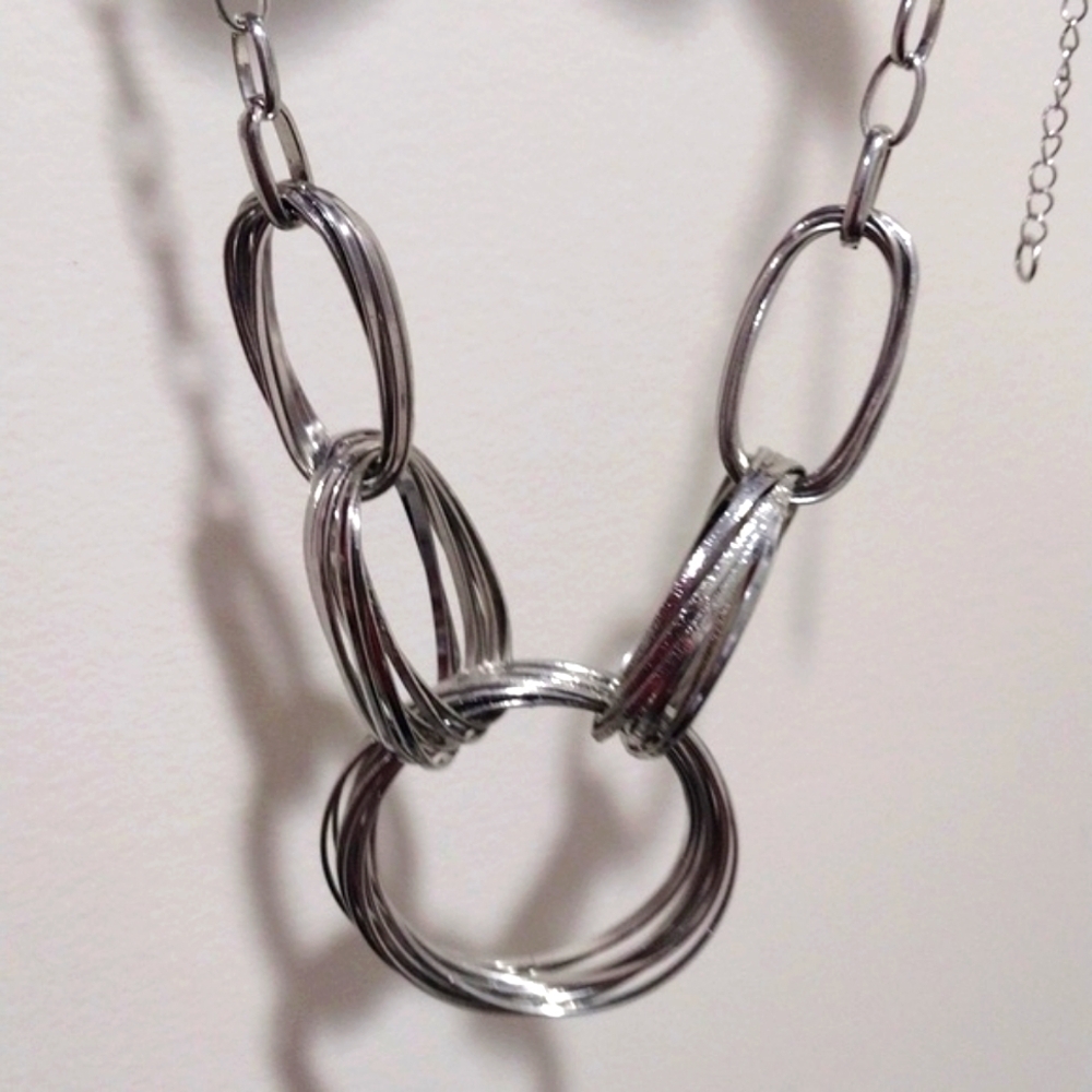 Bold Silver Statement Necklace Layered Hoops & Ov… - image 2
